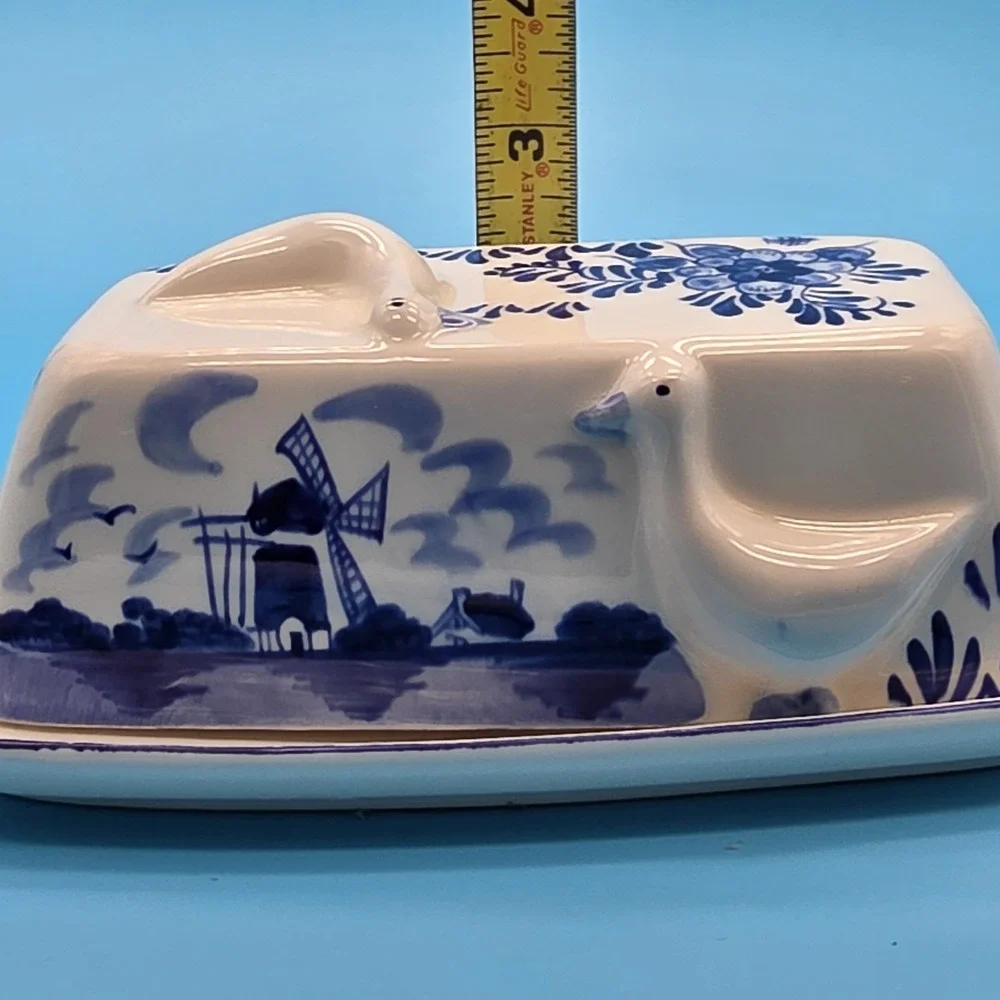 Hand Painted Delfts Blue Butter Dish Ducks Windmill Floral